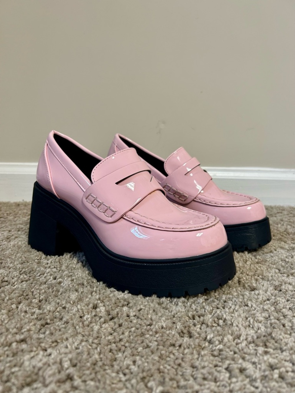 Soda Pink Patent Platform Loafers with Black Lug Sole